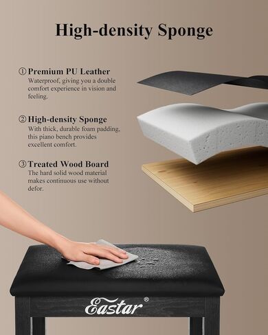 Eastar Piano Bench with Storage, Solid Wood Keyboard Bench Piano Stool Chair Seat with Bookcase & High-Density Sponges Pad, 20.8"x18.5"x13"(Black) in Saudi Arabia