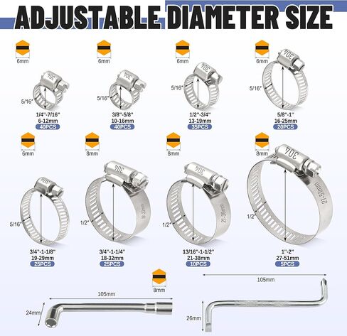 200 PCS Hose Clamp Assortment Kit 304 Stainless Steel Hose Clamps Adjustable 1/4"-2"(6-51mm) Worm Gear Clamps for Fuel Line, Plumbing, Automotive, Pipe, Radiator, Garden in Saudi Arabia
