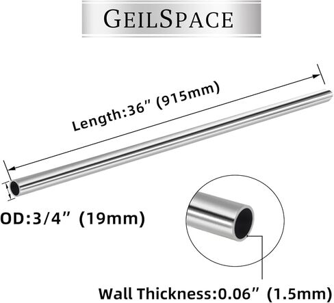 GeilSpace 3/4" OD 304 Stainless Steel Tube, 36 inch Length, Round Metal Weldable Pipe, DIY Industrial Straight Metal Tubing (3/4"OD-36"-2PCS) in Kuwait