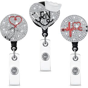 Zonon 3 Pieces Nurse Badge Reel Retractable Nursing Badge Holder Bling Rhinestone ID Badge Holder with Clip Diamond Heart Badge Clip for School Hospital Nurse Doctor, Christmas Gifts (AB Color)
