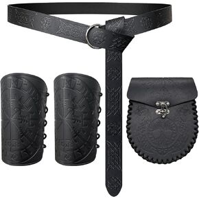 3 PCs Medieval Faux Leather Renaissance Accessories, Viking Embossed Arm Guards Retro O Ring Belt, Vintage Belt Bag