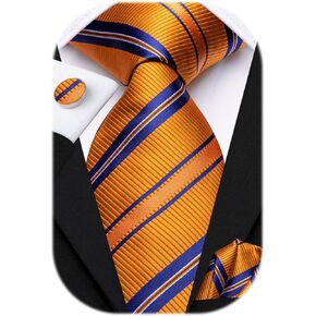 Hi-Tie Mens Striped Tie Orange and Royal Blue Silk Woven Necktie with Handkerchief Cufflinks Set for Wedding Prom Party
