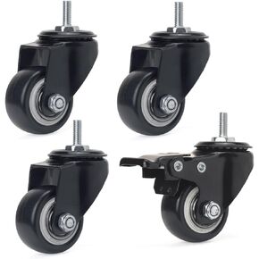 1.5 inch Stem Caster Wheels, Black Threaded Stem Caster Wheel，M6 x 15mm PU No Noise Swivel Castors with 360 Degree Rotation, Pack of 4 (One with brake)