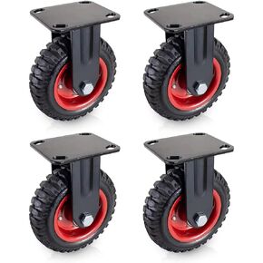POWERTEC 8 Inch Caster Wheels Set of 4, Heavy Duty Fixed Plate Casters with Rubber Knobby Tread for Workbench, Dolly, Cart, Trolley, Wagon and Chicken Coop, Large Rubber Castor Wheels (17053-P4)