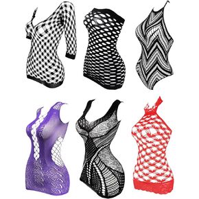 Womens Lingerie Fishnet Dress Sexy Lingerie Set, See Through Mini Dress Fishnet Bodysuits Stockings Mesh Babydoll Bodystocking for Women One Size (6, black red purple) in Kuwait