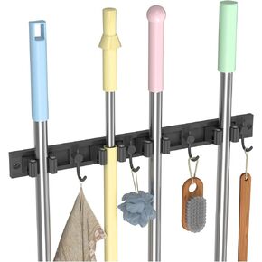TOOVEM Mop and Broom Holder Wall Mount, Self Adhesive Heavy Duty Broom Organizer Storage Tool Racks for Home Garden Garage Laundry Room, Grey (4 Racks and 4 Hooks)