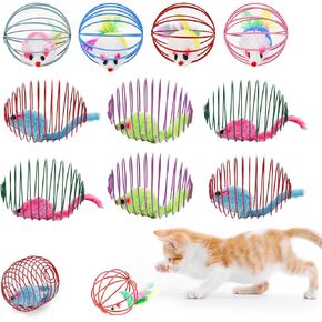 Cat Interactive Bouncy Toy Balls Set Metal Cage Balls with Mice Spring Toy Balls for Cats Kittens Colorful Cat Teaser Ball with Mouse for Indoor Cats (10 PCS)