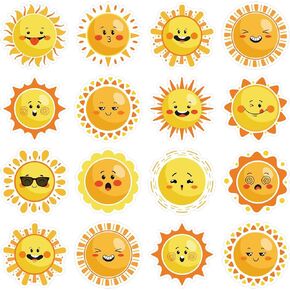 Sun Cutouts Cute Sunshine Shape Bulletin Board Decoration 12 Designs Spring Summer Cartoon Paper Cut-Outs with 100Pcs Glue Points for Wall Party Home Classroom Supplies, 48Pcs