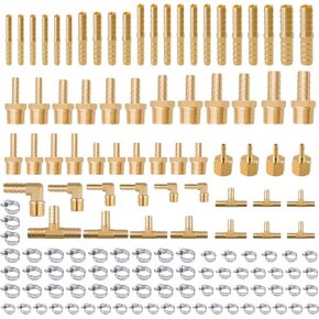136Pcs Brass Hose Barb Fittings Assortment Kit Barb Splice/Female Adapter/Coupler/Tee/Male Elbow NPT Thread 1/8" 3/16" 1/4" 5/16" 3/8" 1/2" Air Hose Fittings with Pipe Clamps for Water/Air/Fuel