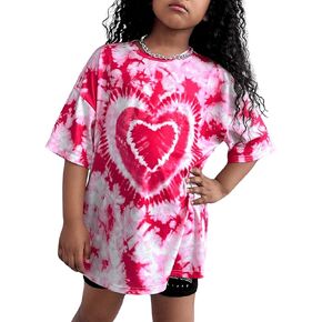 Floerns Girl's Heart Print Half Sleeve Round Neck Drop Shoulder Tee Shirts