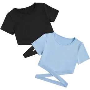 Milumia Girl's 2 Piece Cut Out Crisscross Tee Crop Tops Short Sleeve Round Neck T Shirts Blue and Black 10Y
