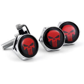 4 PCS License Plate Screw Fasteners, Skull License Plate Screws, License Plate Bolts Decorative Kit, Fit Vehicles Motorcycle Trucks SUV (Black & Red)