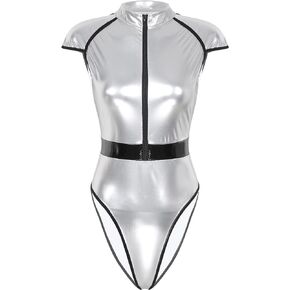 Women's Shiny Leotard Bodysuits Zipper Front Mock Neck Catsuits Halloween Costumes