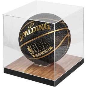 J JACKCUBE DESIGN Basketball Display Case Stand with Wooden Base, Clear Storage for Collectible Sports Memorabilia Holder Cube Case, Autograph Ball Standing Display, Floor (Printing) - MK342SS