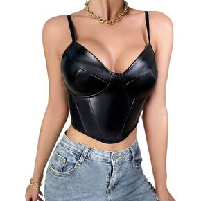 PU Leather Corset Top Straps Bustier Sleeveless Corset Tops V Neck Sexy Crop Top for Women
