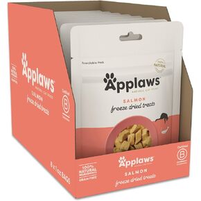 مكافآت القطط الطبيعية من Applaws، 8 عبوات، مكافآت القطط الخالية من الحبوب، مكافآت مكونة واحدة للقطط، سمك السلمون المجفف بالتجميد، 8 × 1 أونصة