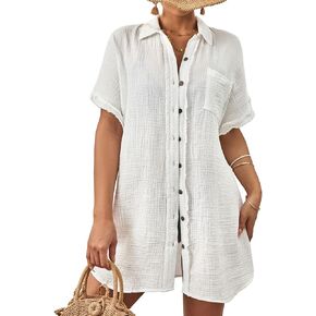 Bsubseach Button Down Beach Shirts for Women Short Sleeve Beach Cover Up Casual Bikini Beachwear