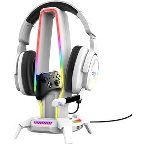 RGB Headphone Stand with 3 USB 3.0, 8 Light Modes Holder for Gaming Headsets, Controller Stand with Type-C Port, 3.5mm Jack Port, Earphone Hanger Accessories for Desktop Gamer (Black)