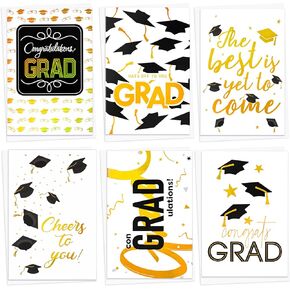 24 Pack Gold Foil 2024 Graduation Cards Bulk with Envelopes & Stickers - Variety of 6 Artist-Rendered Designs - Perfect for College & High School Graduation Gifts and Party Supplies.