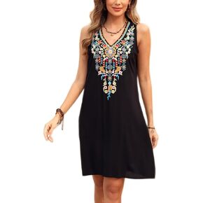 AK Embroidered Dress for Women Sleeveless Mexican Summer Dresses Traditional V Neck Novelty Ethnic Boho Dress