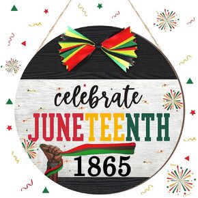بواو سعيد Juneteenth يوم الحرية علامة الباب يوم الحرية الأمريكية الأفريقية شنقا ديكور الباب علامة خشبية باب الزينة الباب شماعات للخارجية مزرعة الشرفة الباب الأمامي (1865)