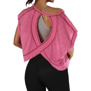 Women’s Backless Thin Workout Crop Tops Cutout Back Sports T-Shirts Exercise Blouse Tee Top Athletic Gym Yoga Shirt