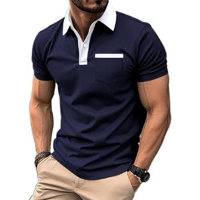 Mens Casual Polo Shirts Classic Short Sleeve Golf Shirt Fashion Button Cotton Top with Pocket