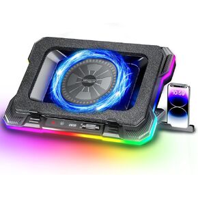 AICHESON Gaming Laptop Cooling Pad with Powerful Turbofan, RGB Cooler with External Variable Speed Fan, 4 USB Ports HUB, Seal Memory Foam Stand for 15.6-18 inch Laptops
