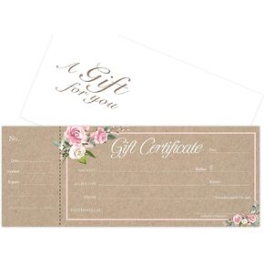 Blank Gift Certificates 25set, Rose Kraft Image, gift certificate for business, Comes with Free matching Envelopes, Sequential Number - Small Business, Restaurant, Spa, Beauty Salon