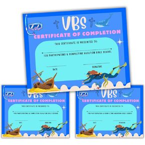 Vacation Bible School VBS Certificate of Completion Award | 50 pk 8.5x11" Scuba Diver Beach Under The Sea Ocean Themed Participation in Saudi Arabia