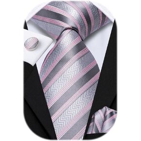 Hi-Tie Silver and Pink Stripe Ties for Men Silk Jacquard Woven Ties with Pocket Square Cufflinks for Formal Business Prom