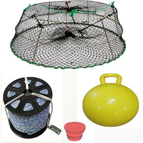 KUFA Sports Tower Style Stainless Steel Prawn Trap(30"x20"x12") with 1/4"x400' Non-Lead Sinking Rope, 15" Inflatable Flaot & Bait Jar Combo (CT77+SL4+F15Y+HB5)