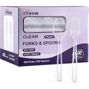 [400 Count] Clear Plastic Forks and Spoons Set Bulk - Heavy Duty Disposable Spoons and Forks Silverware, Plastic Utensils Cutlery Set for Party