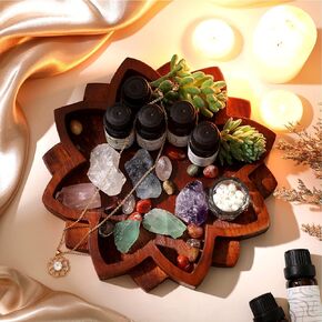 Lotus Mandala Crystal Tray Wooden Crystal Holder for Stones Lotus Shape Crystal Display Tray Wood Jewelry Plate Shelf Healing Crystal Organizer Large Bowl Decor for Gemstones, 7.9 x 7.9 Inch, Brown