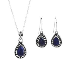 AMALFI Raw Sapphire Necklace and Earring Set in Solid Silver - Jewelry Set for Women in 925 Sterling Silver - Natural Teardrop Stones sapphire Gemstone Jewelry- Gift Packaging Included