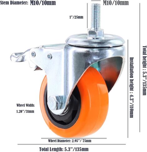 عجلات عجلات جذعية شديدة التحمل M10-1.5X25mm قفل مزدوج بدون ضوضاء من مادة PVC ذات عجلات جذعية ملولبة حزمة من 4 عجلات لطاولة العمل، دوللي، الأثاث (5 بوصة، برتقالي) in Kuwait
