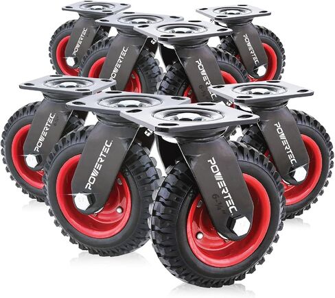 POWERTEC 8 Inch Caster Wheels Set of 4, Heavy Duty Fixed Plate Casters with Rubber Knobby Tread for Workbench, Dolly, Cart, Trolley, Wagon and Chicken Coop, Large Rubber Castor Wheels (17053-P4) in Saudi Arabia