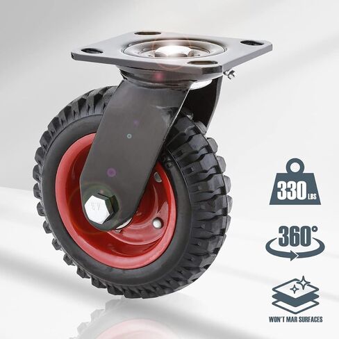POWERTEC 8 Inch Caster Wheels Set of 4, Heavy Duty Fixed Plate Casters with Rubber Knobby Tread for Workbench, Dolly, Cart, Trolley, Wagon and Chicken Coop, Large Rubber Castor Wheels (17053-P4) in Saudi Arabia