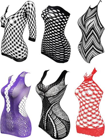 Womens Lingerie Fishnet Dress Sexy Lingerie Set, See Through Mini Dress Fishnet Bodysuits Stockings Mesh Babydoll Bodystocking for Women One Size (6, black red purple) in Kuwait