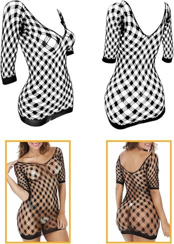 Womens Lingerie Fishnet Dress Sexy Lingerie Set, See Through Mini Dress Fishnet Bodysuits Stockings Mesh Babydoll Bodystocking for Women One Size (6, black red purple) in Kuwait