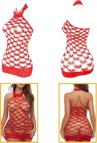 Womens Lingerie Fishnet Dress Sexy Lingerie Set, See Through Mini Dress Fishnet Bodysuits Stockings Mesh Babydoll Bodystocking for Women One Size (6, black red purple) in Kuwait