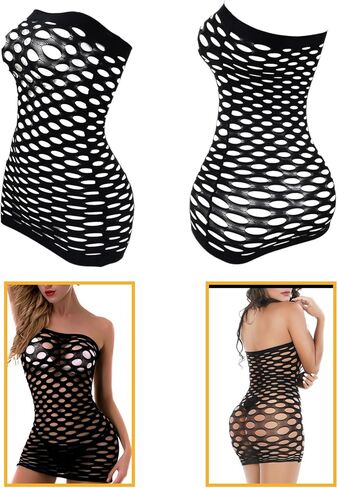 Womens Lingerie Fishnet Dress Sexy Lingerie Set, See Through Mini Dress Fishnet Bodysuits Stockings Mesh Babydoll Bodystocking for Women One Size (6, black red purple) in Kuwait