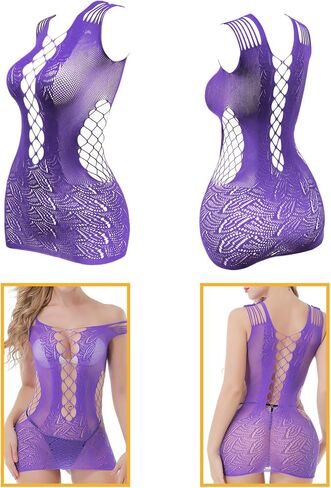 Womens Lingerie Fishnet Dress Sexy Lingerie Set, See Through Mini Dress Fishnet Bodysuits Stockings Mesh Babydoll Bodystocking for Women One Size (6, black red purple) in Kuwait