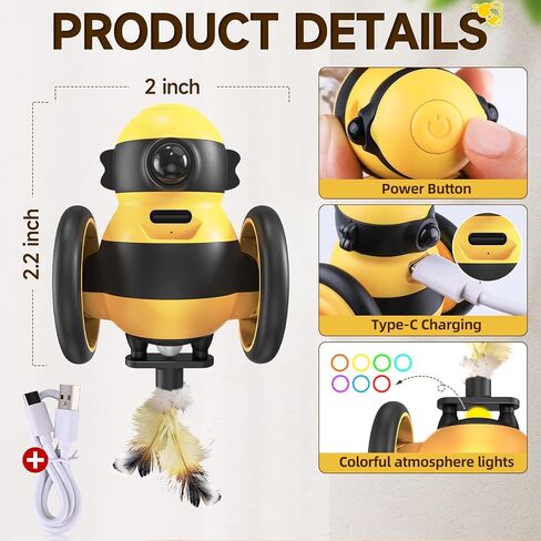 Cat Toys for Indoor Cats,Automatic Cat Toy with LED Lights,Cat Toy for Indoor Cats,Smart Sensing Moving Electric Cat Toys,USB Rechargeable (Yellow) in Saudi Arabia