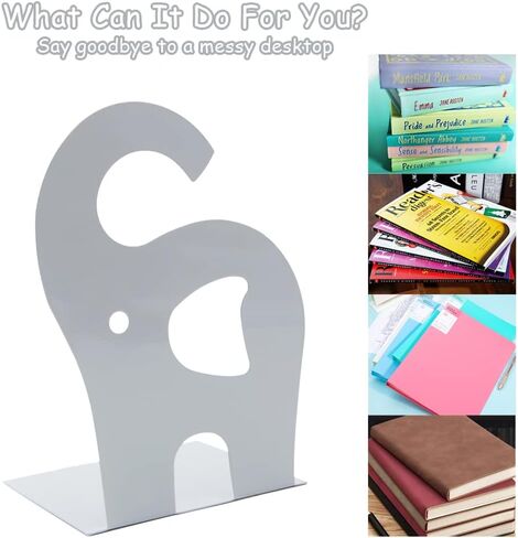 Cartoon Elephant Pattern Book Organizer Cute Metal Bookends for Kids School Library Desk Study Home Office Decoration Gift(Gray) in Saudi Arabia