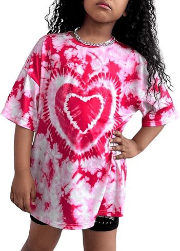 Floerns Girl's Heart Print Half Sleeve Round Neck Drop Shoulder Tee Shirts in Saudi Arabia