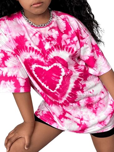 Floerns Girl's Heart Print Half Sleeve Round Neck Drop Shoulder Tee Shirts in Saudi Arabia