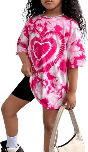 Floerns Girl's Heart Print Half Sleeve Round Neck Drop Shoulder Tee Shirts in Saudi Arabia