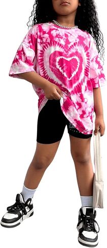 Floerns Girl's Heart Print Half Sleeve Round Neck Drop Shoulder Tee Shirts in Saudi Arabia