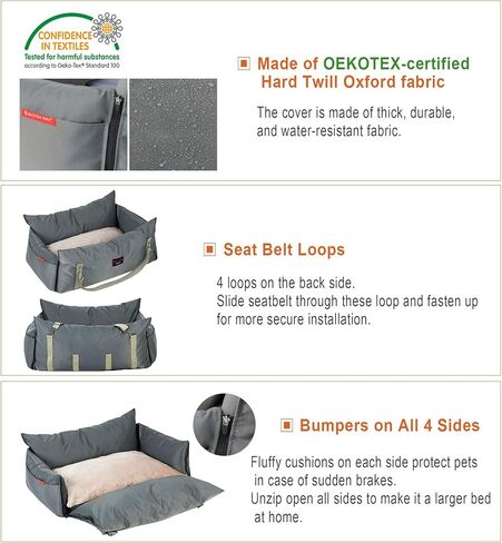 مقعد سيارة معزز للحيوانات الأليفة للكلاب والقطط الكبيرة ووسادة سرير مع حزام للقيادة الطويلة مصنوع من مواد مقاومة للخدش ومقاومة للماء (كبير، رمادي) in Kuwait